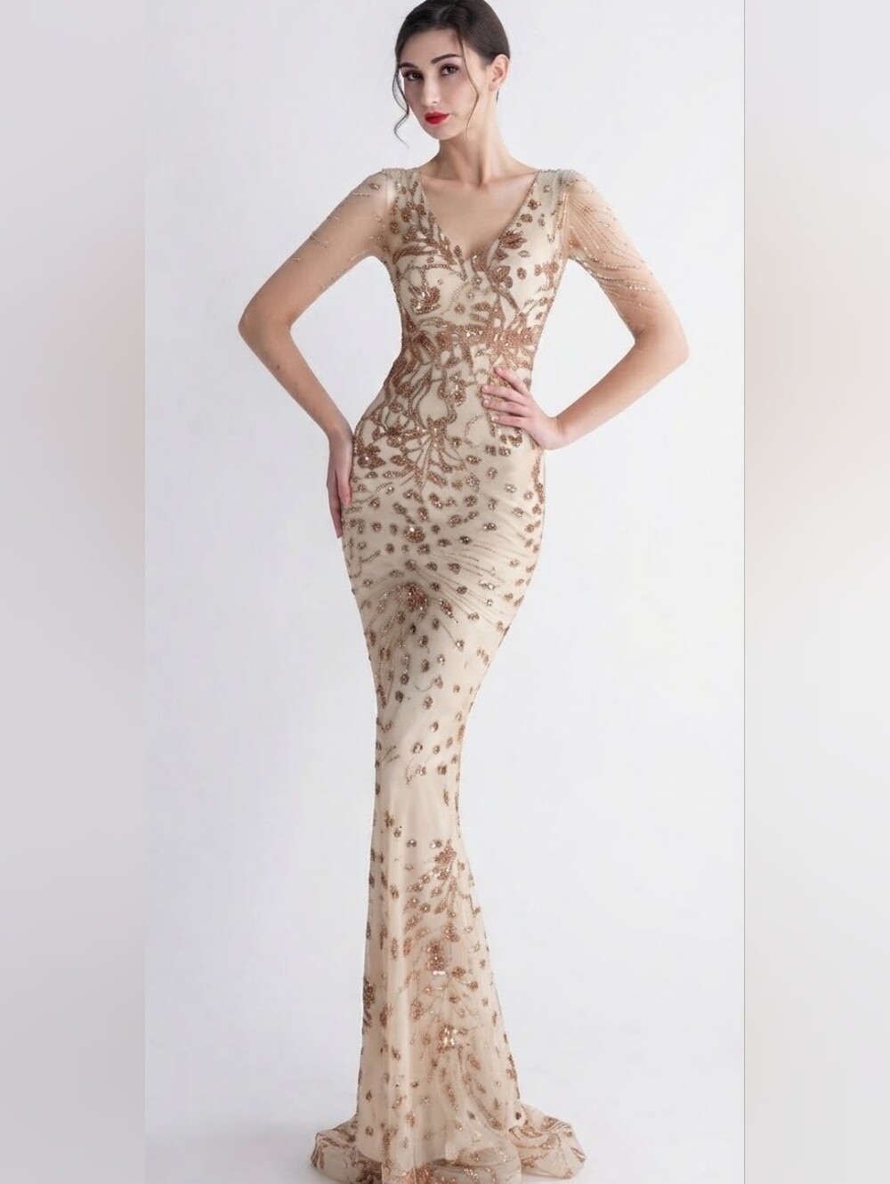 Gold, Floral Print,  V Neck,  Beaded Draped Sleeves,  Contrast Sequined Gown